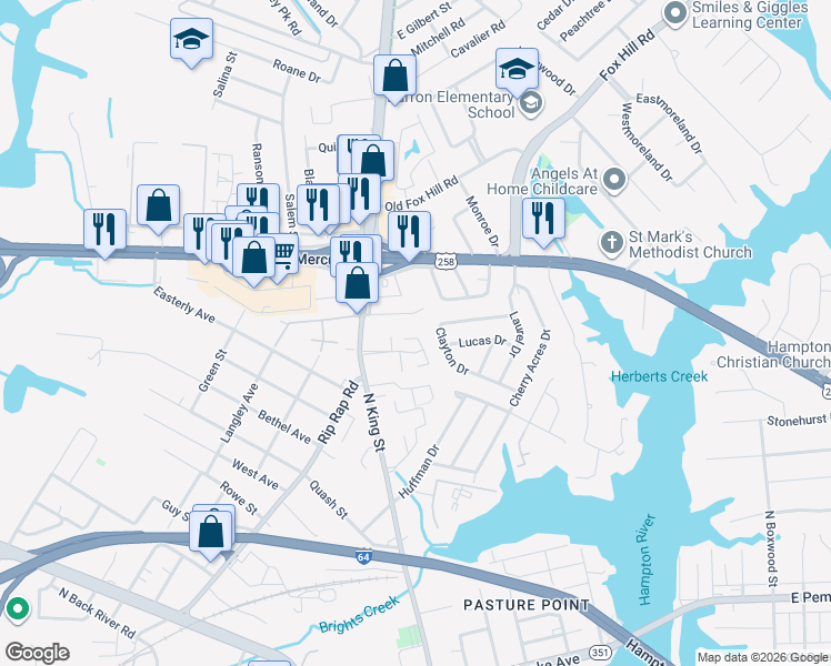 map of restaurants, bars, coffee shops, grocery stores, and more near 12 Valor Place in Hampton