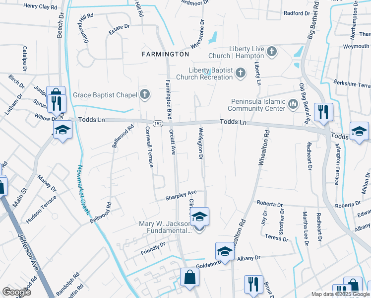 map of restaurants, bars, coffee shops, grocery stores, and more near 7 Barrington Place in Hampton