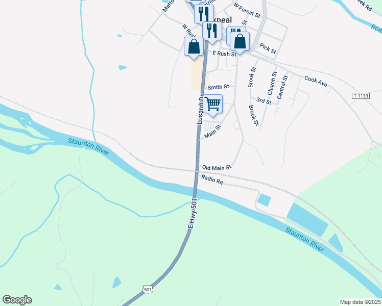 map of restaurants, bars, coffee shops, grocery stores, and more near 452 Lusardi Drive in Brookneal
