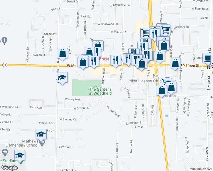 map of restaurants, bars, coffee shops, grocery stores, and more near 750 Brett Circle in Nixa