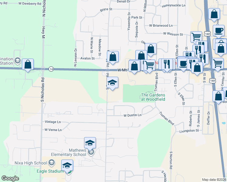 map of restaurants, bars, coffee shops, grocery stores, and more near 574-578 South Gregg Road in Nixa
