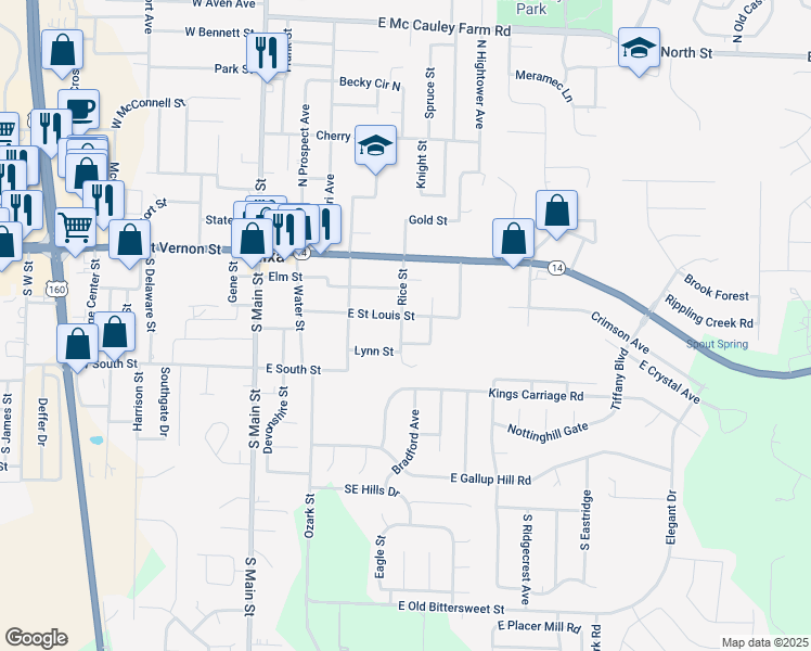 map of restaurants, bars, coffee shops, grocery stores, and more near 303 Rice Street in Nixa