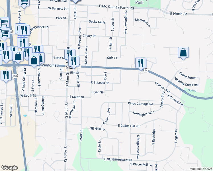 map of restaurants, bars, coffee shops, grocery stores, and more near 303 Rice St in Nixa