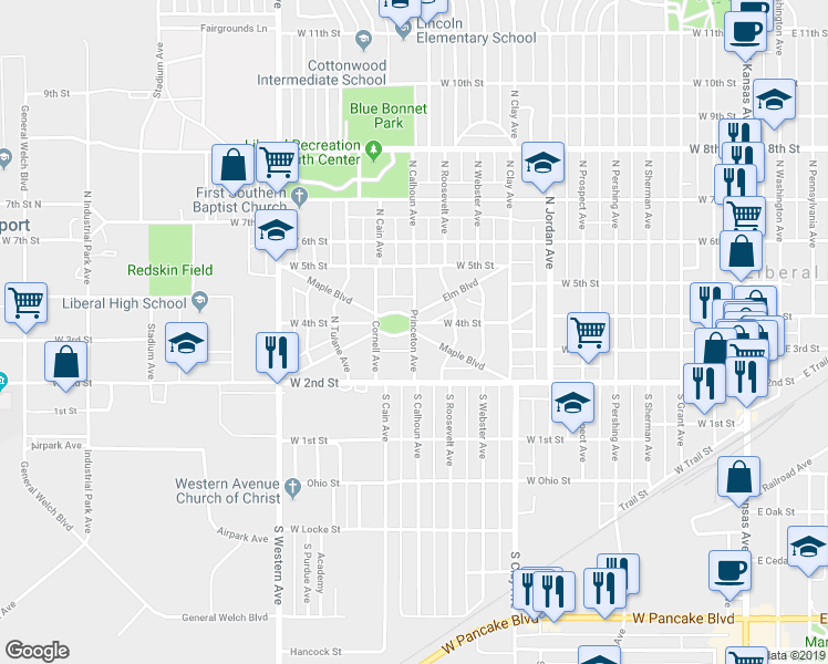 map of restaurants, bars, coffee shops, grocery stores, and more near 300 Princeton Avenue in Liberal