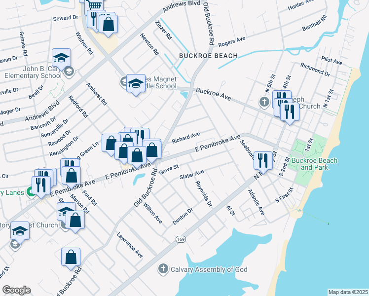 map of restaurants, bars, coffee shops, grocery stores, and more near 2023 East Pembroke Avenue in Hampton