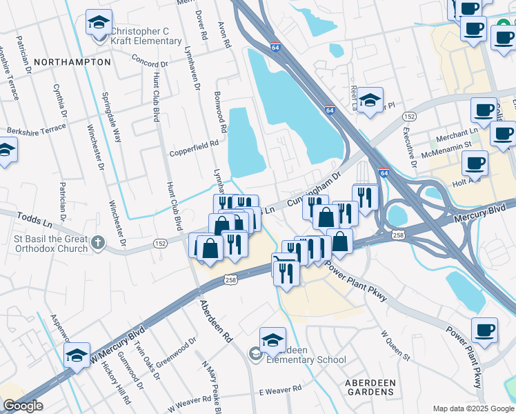 map of restaurants, bars, coffee shops, grocery stores, and more near 1817 Virginia 152 in Hampton