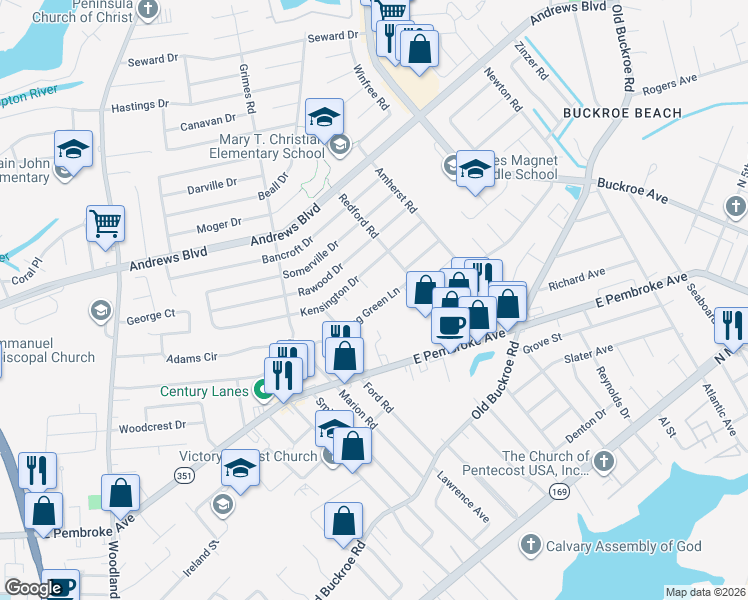 map of restaurants, bars, coffee shops, grocery stores, and more near 1933 Long Green Lane in Hampton