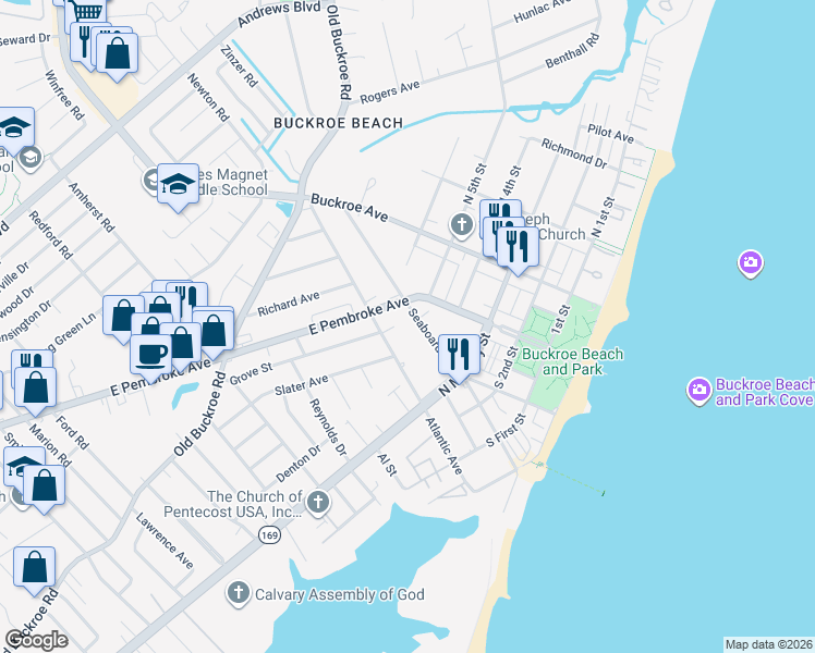 map of restaurants, bars, coffee shops, grocery stores, and more near 340 Atlantic Avenue in Hampton