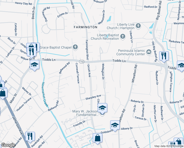 map of restaurants, bars, coffee shops, grocery stores, and more near 8739 Orcutt Avenue in Hampton