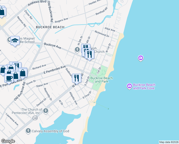 map of restaurants, bars, coffee shops, grocery stores, and more near 138 South 2nd Street in Hampton