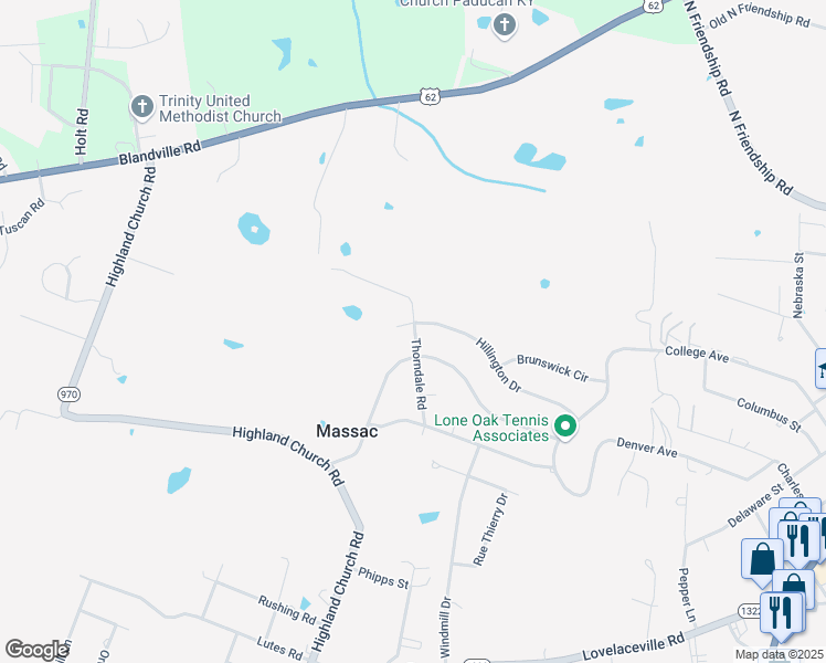 map of restaurants, bars, coffee shops, grocery stores, and more near 525 Thorndale Road in Paducah