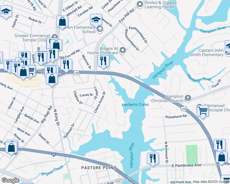 map of restaurants, bars, coffee shops, grocery stores, and more near 19 Pine Cone Drive in Hampton