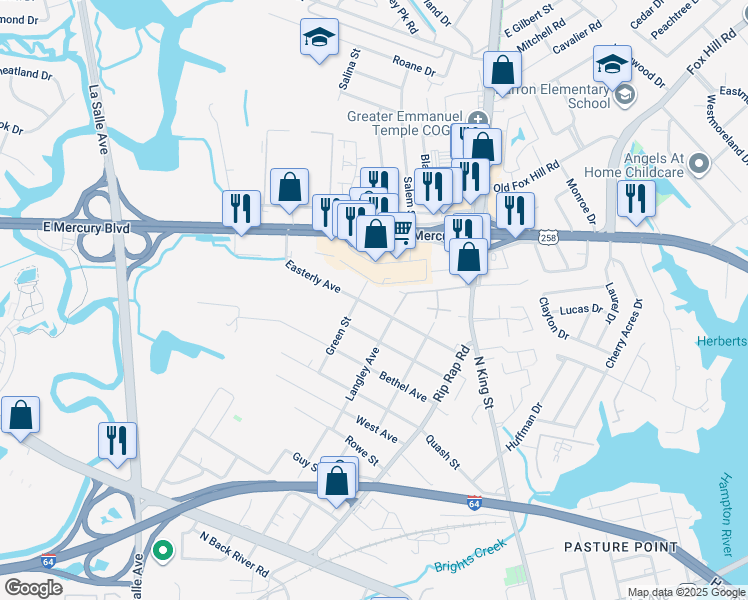 map of restaurants, bars, coffee shops, grocery stores, and more near 1218 Easterly Avenue in Hampton