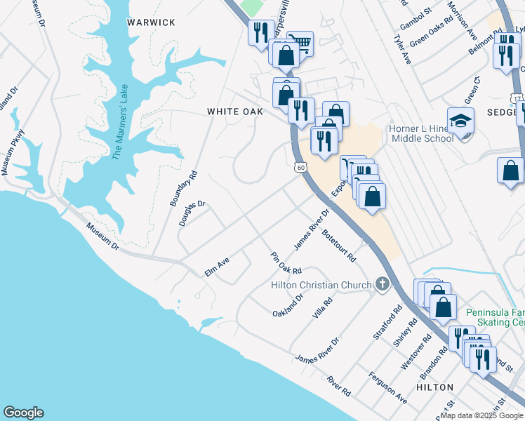 map of restaurants, bars, coffee shops, grocery stores, and more near 44 Cedar Lane in Newport News