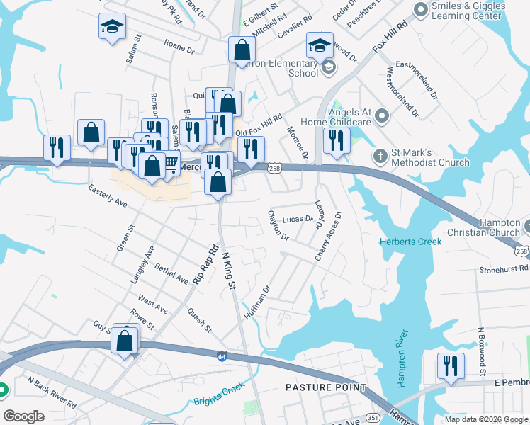 map of restaurants, bars, coffee shops, grocery stores, and more near 39 Clayton Drive in Hampton