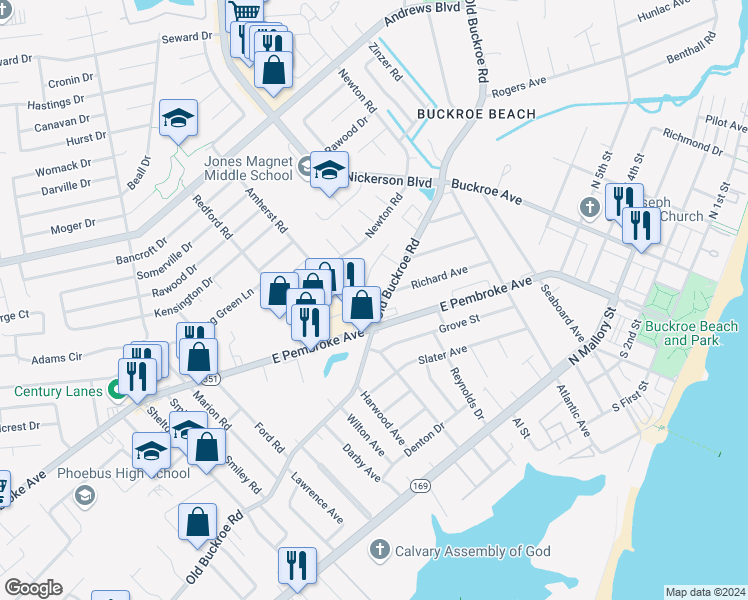 map of restaurants, bars, coffee shops, grocery stores, and more near 1509 Old Buckroe Road in Hampton