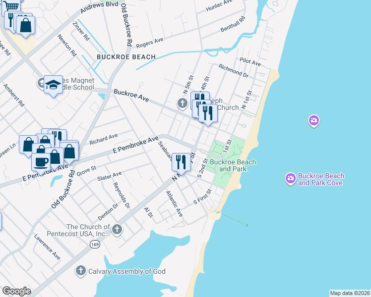 map of restaurants, bars, coffee shops, grocery stores, and more near 1821 North Mallory Street in Hampton