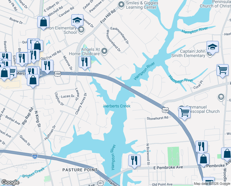 map of restaurants, bars, coffee shops, grocery stores, and more near 10 Tomahawk Road in Hampton