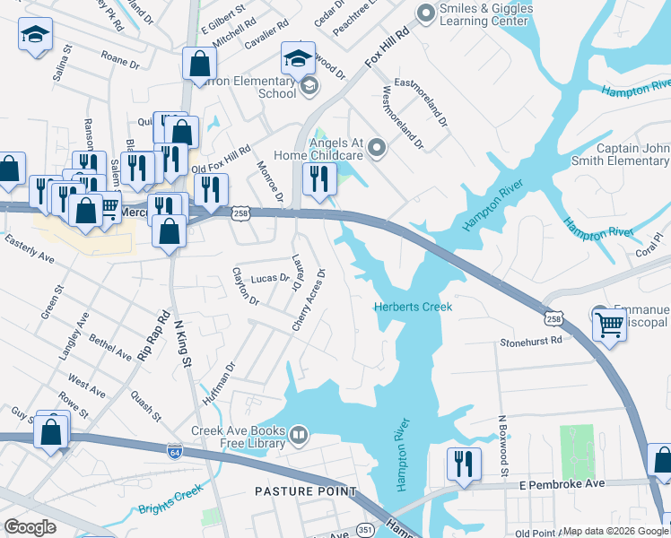 map of restaurants, bars, coffee shops, grocery stores, and more near 32 Cherry Acres Drive in Hampton
