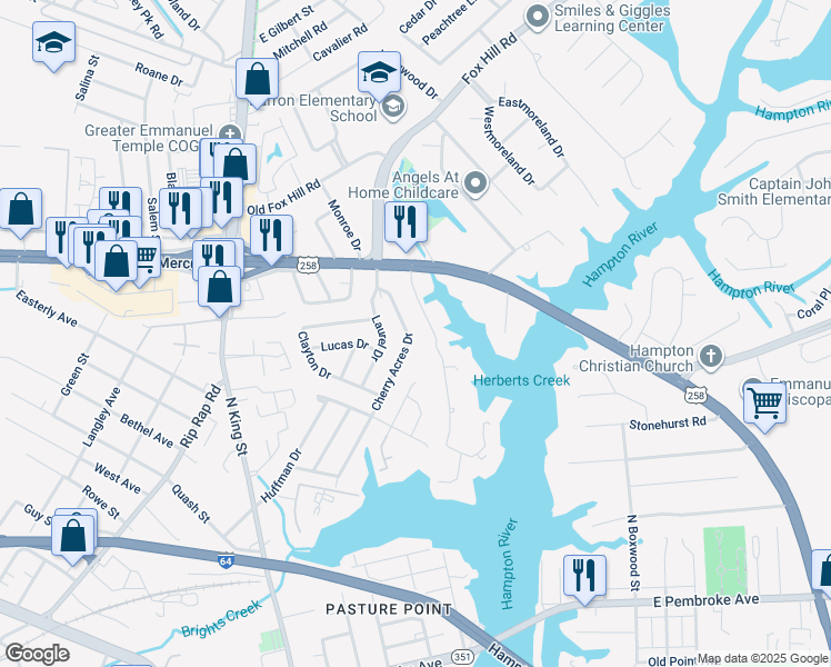 map of restaurants, bars, coffee shops, grocery stores, and more near 28 Cherry Acres Drive in Hampton