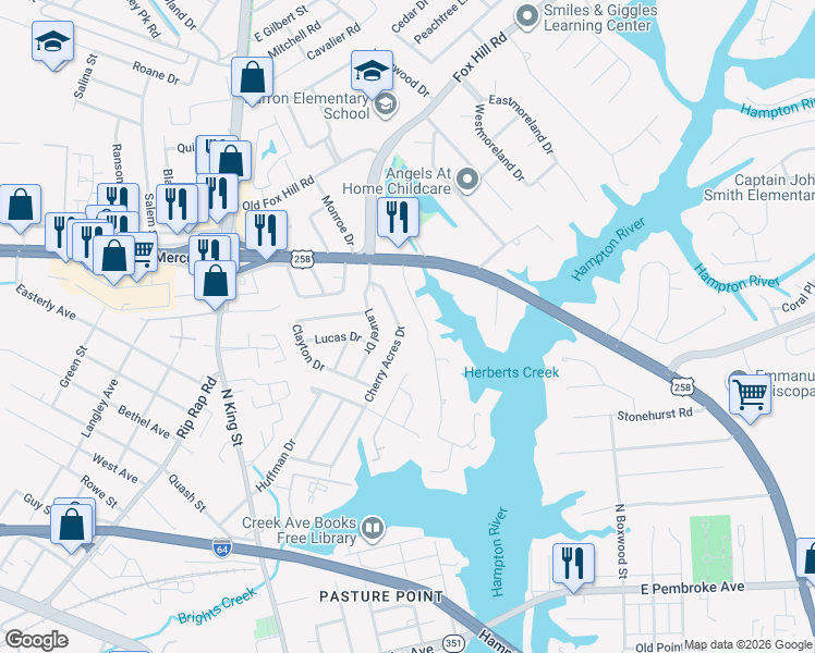 map of restaurants, bars, coffee shops, grocery stores, and more near 32 Cherry Acres Drive in Hampton