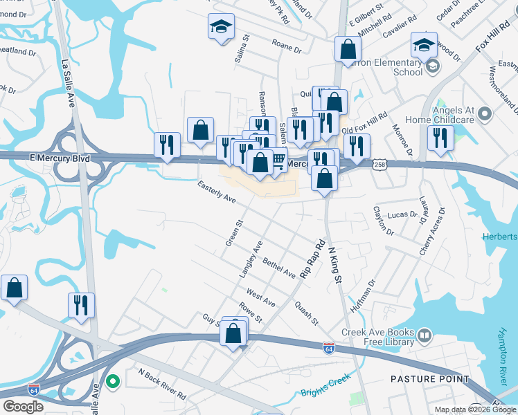 map of restaurants, bars, coffee shops, grocery stores, and more near 1217 Easterly Avenue in Hampton