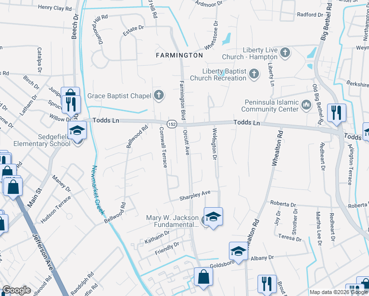 map of restaurants, bars, coffee shops, grocery stores, and more near 8739 Orcutt Avenue in Hampton