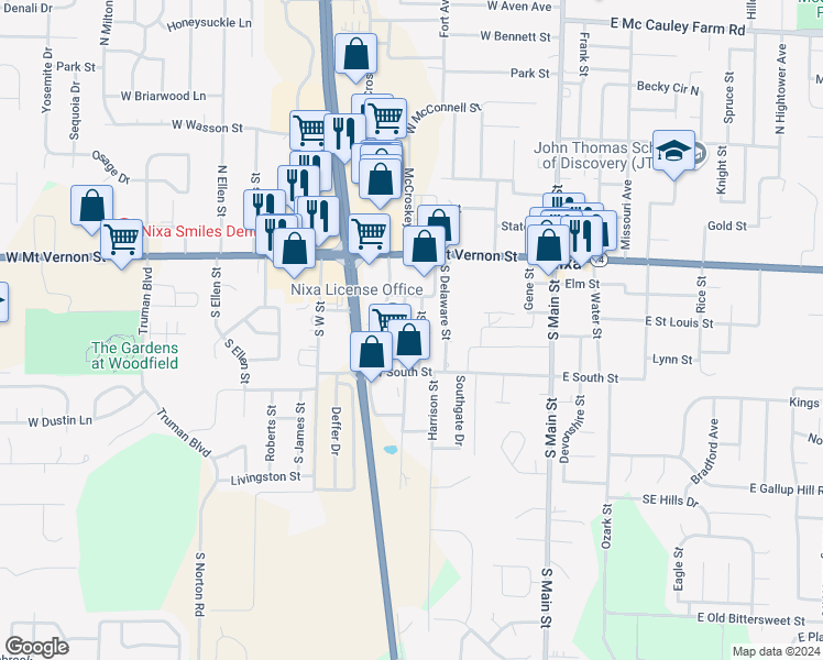 map of restaurants, bars, coffee shops, grocery stores, and more near 212 South Fort Street in Nixa