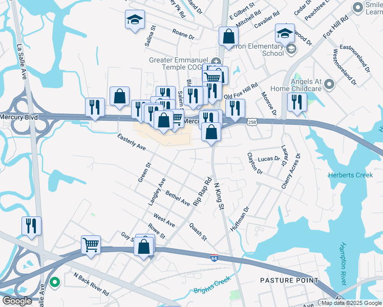 map of restaurants, bars, coffee shops, grocery stores, and more near 26 Langley Avenue in Hampton