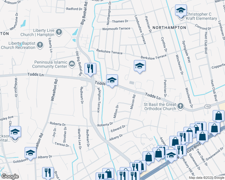 map of restaurants, bars, coffee shops, grocery stores, and more near 1406 Todds Lane in Hampton