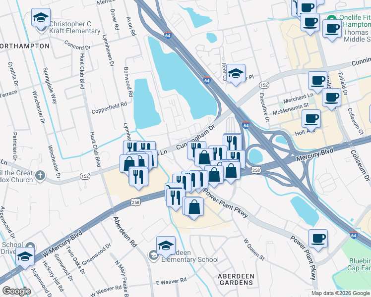 map of restaurants, bars, coffee shops, grocery stores, and more near 2607 Cunningham Drive in Hampton