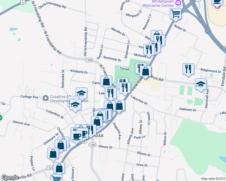 map of restaurants, bars, coffee shops, grocery stores, and more near 2416 Lakeview Drive in Paducah