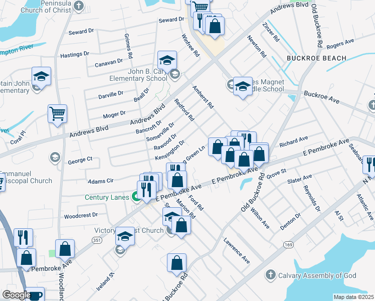 map of restaurants, bars, coffee shops, grocery stores, and more near 5 Bradley Place in Hampton
