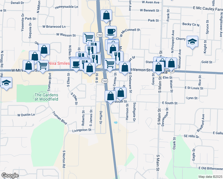 map of restaurants, bars, coffee shops, grocery stores, and more near 200-398 Village Center St in Nixa