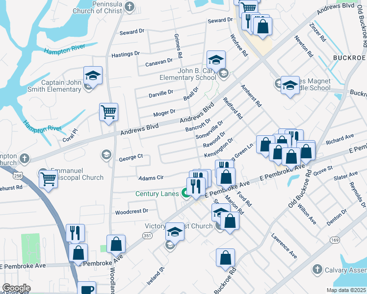 map of restaurants, bars, coffee shops, grocery stores, and more near 1821 Rawood Drive in Hampton
