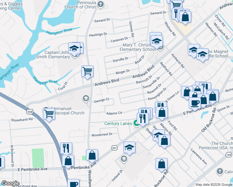 map of restaurants, bars, coffee shops, grocery stores, and more near 32 George Court in Hampton