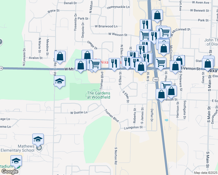 map of restaurants, bars, coffee shops, grocery stores, and more near 702-716 Brett Circle in Nixa