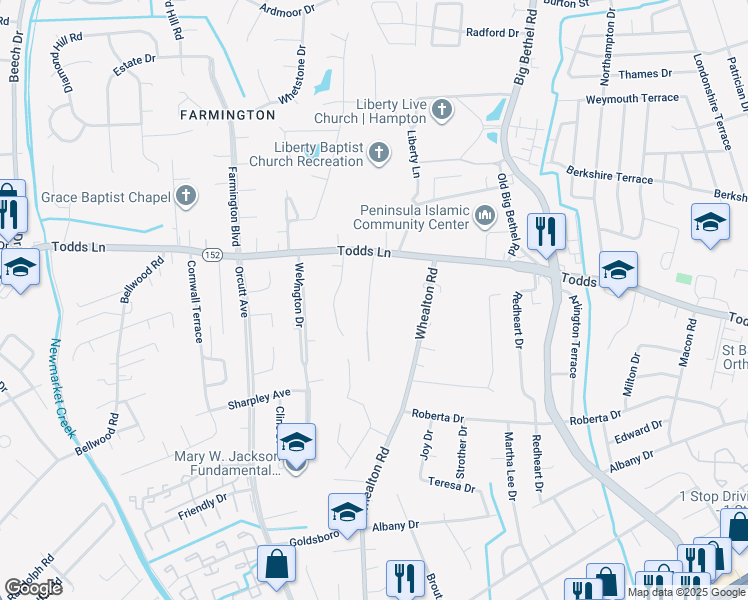 map of restaurants, bars, coffee shops, grocery stores, and more near 15 Warner Road in Hampton