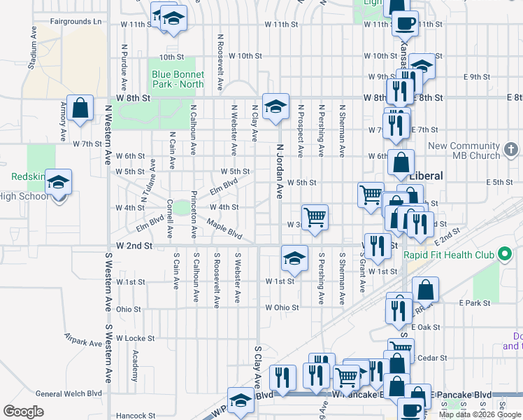 map of restaurants, bars, coffee shops, grocery stores, and more near 619 Eisenhauer Street in Liberal