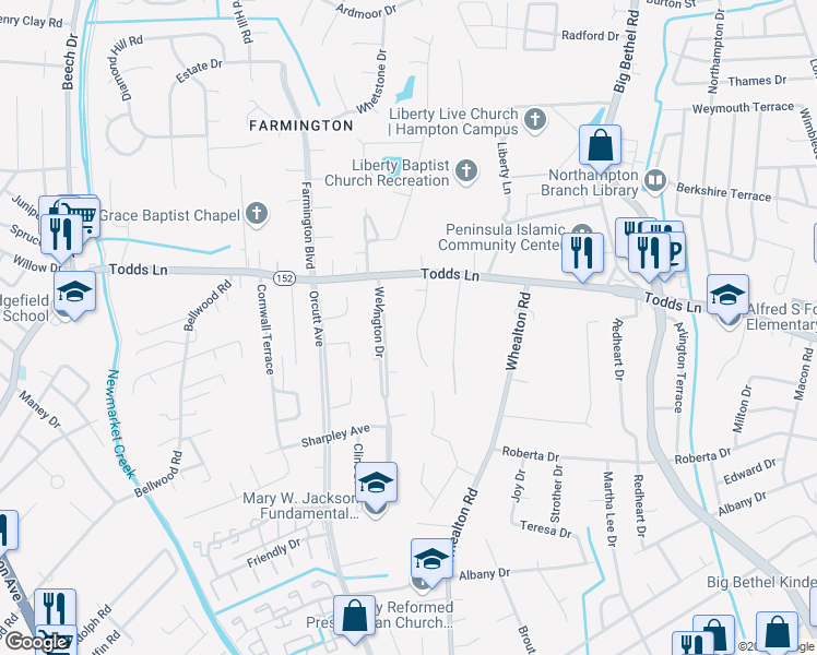map of restaurants, bars, coffee shops, grocery stores, and more near 14 Lundy Lane in Hampton