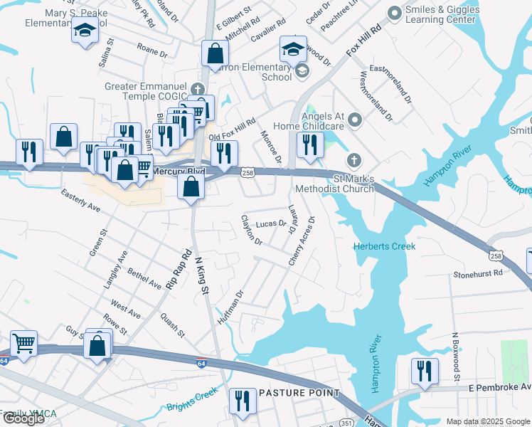map of restaurants, bars, coffee shops, grocery stores, and more near 16 Clayton Drive in Hampton