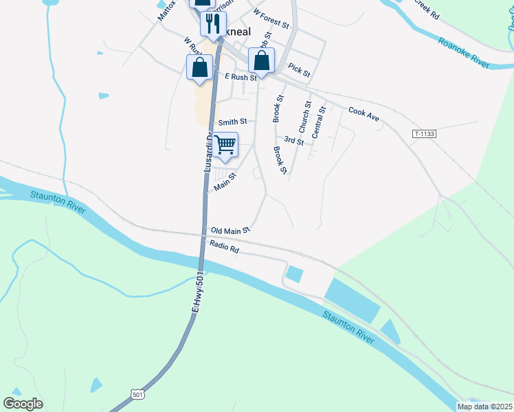 map of restaurants, bars, coffee shops, grocery stores, and more near 7 Old Main Street in Brookneal