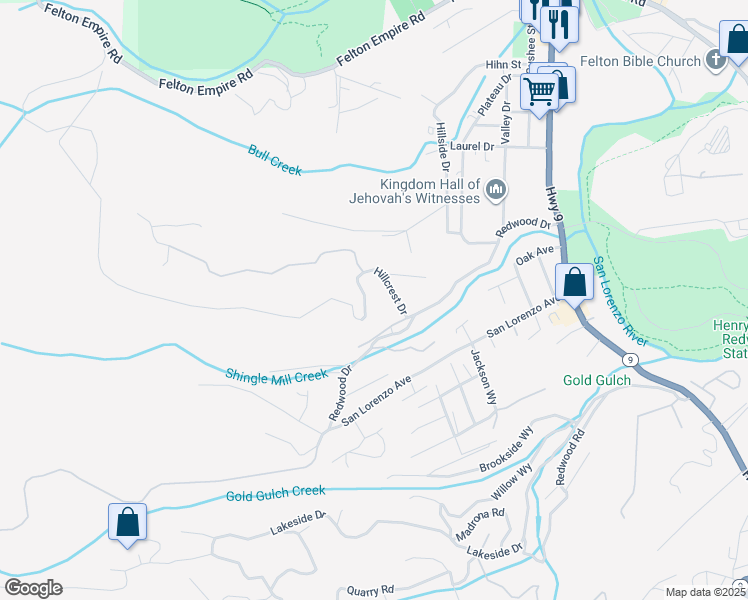 map of restaurants, bars, coffee shops, grocery stores, and more near 831 Hillcrest Drive in Felton