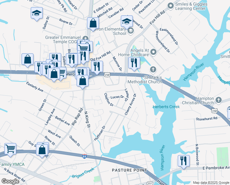 map of restaurants, bars, coffee shops, grocery stores, and more near 16 Clayton Drive in Hampton