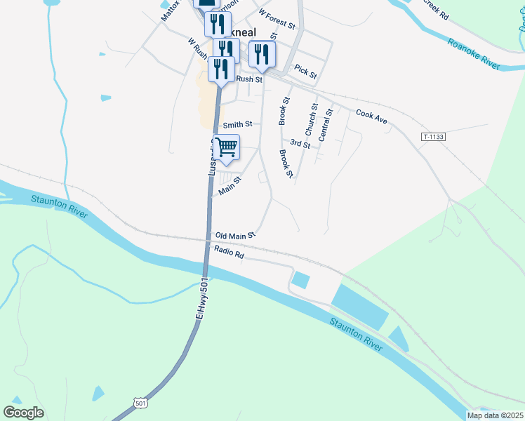 map of restaurants, bars, coffee shops, grocery stores, and more near 7 Old Main Street in Brookneal