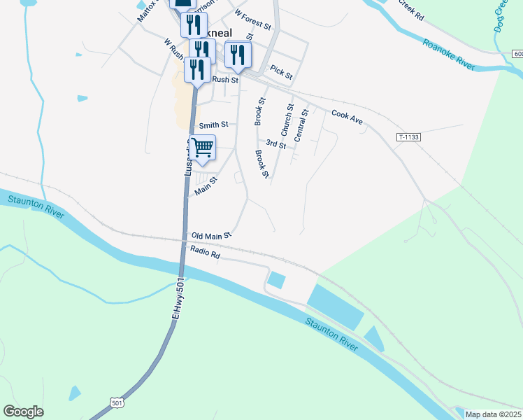 map of restaurants, bars, coffee shops, grocery stores, and more near 113 Adams Ferry Road in Brookneal