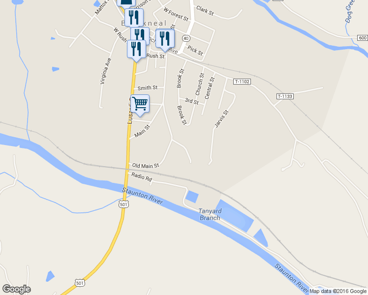 map of restaurants, bars, coffee shops, grocery stores, and more near 113 Adams Ferry Road in Brookneal