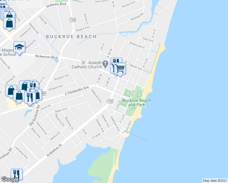 map of restaurants, bars, coffee shops, grocery stores, and more near 1904 North Mallory Street in Hampton