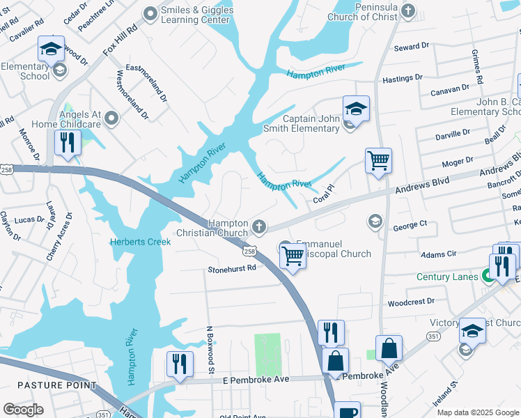 map of restaurants, bars, coffee shops, grocery stores, and more near 25 Kings Landing Lane in Hampton