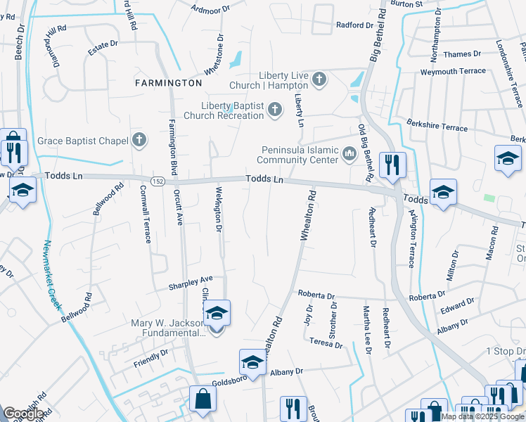 map of restaurants, bars, coffee shops, grocery stores, and more near 14 Warner Road in Hampton